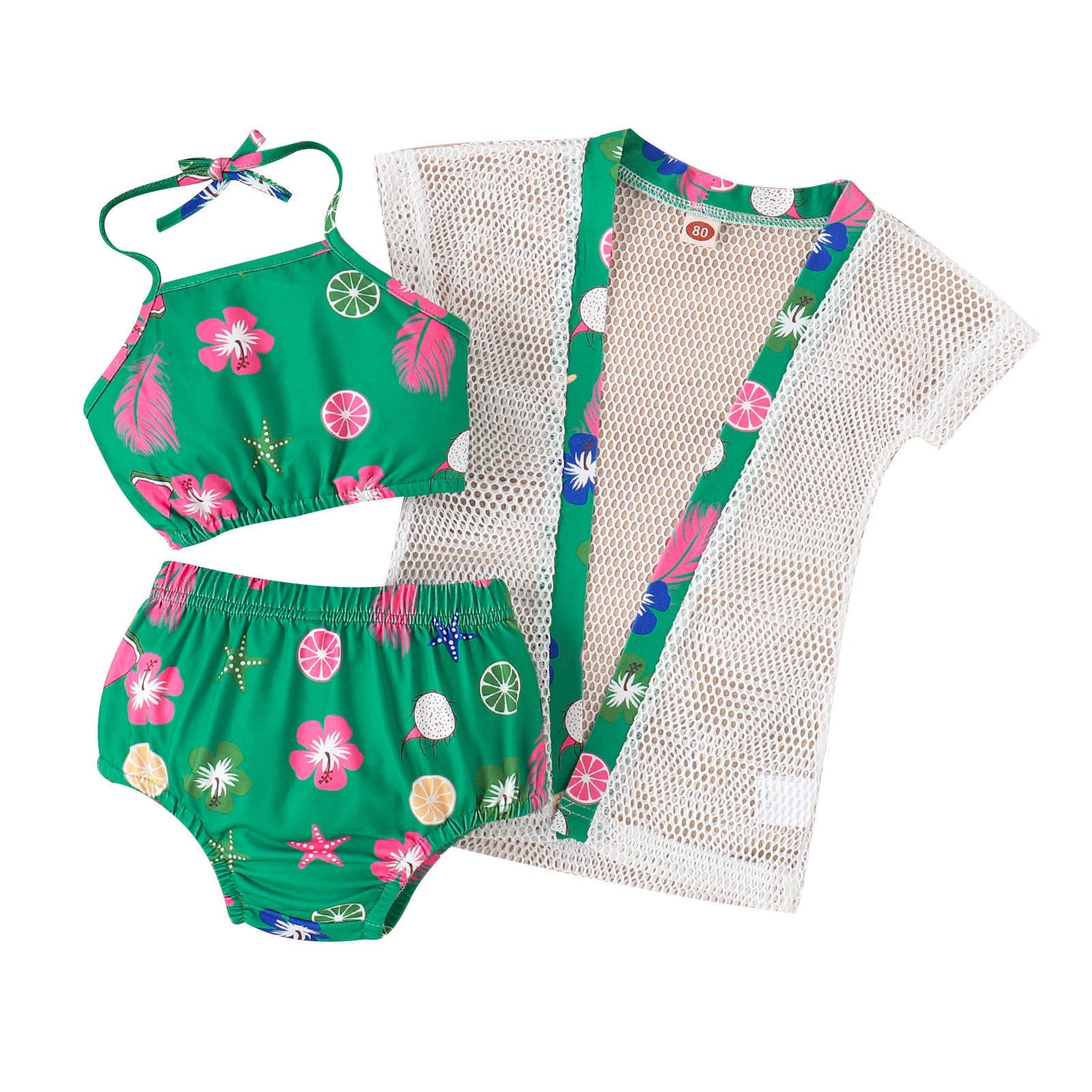 Conjunto Infantil Biquiní + Saida de Praia Verde Florzinhas