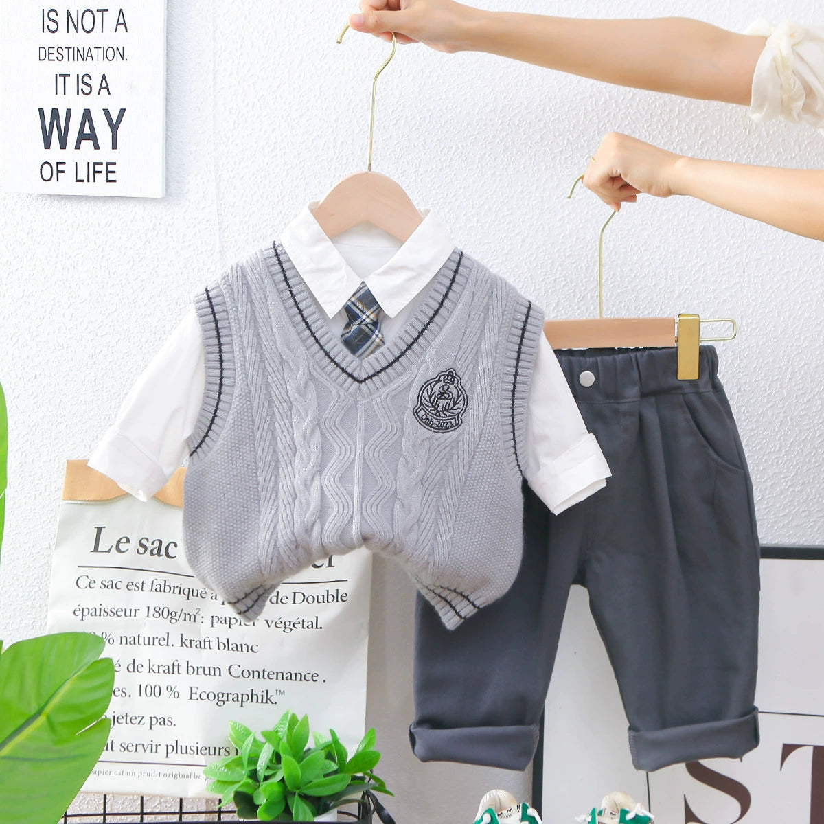 Conjunto Infantil 3 Peças Colete Tricô