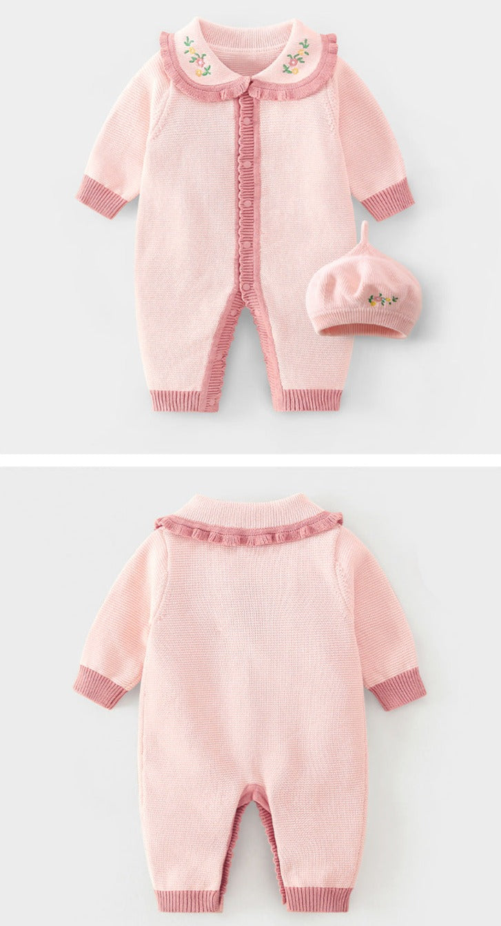 Macacão Infantil Feminino Tricô Florzinhas + Touca