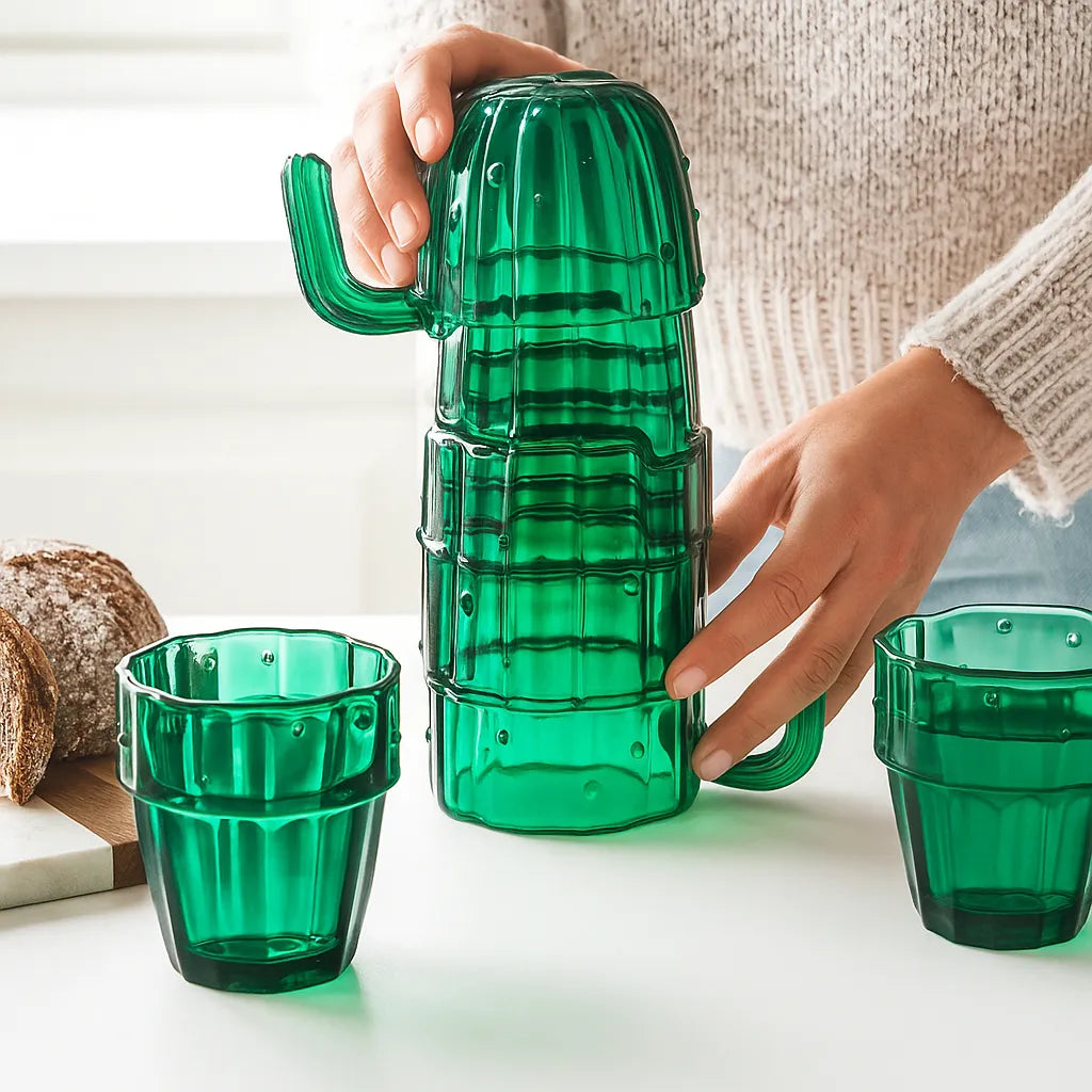 Kit Copos Cactos de Vidro Verde Empilháveis