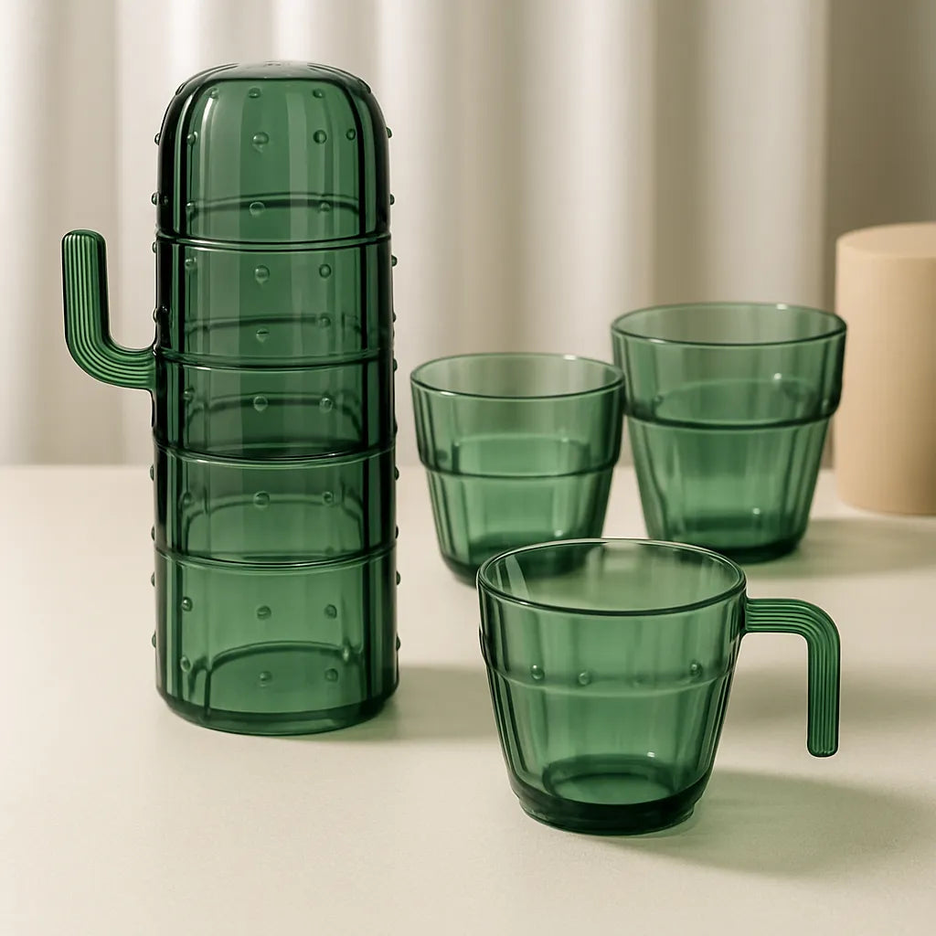 Kit Copos Cactos de Vidro Verde Empilháveis
