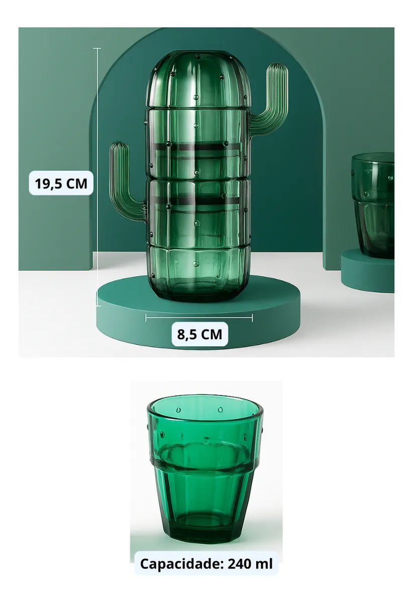 Kit Copos Cactos de Vidro Verde Empilháveis