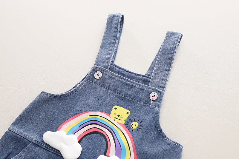 Conjunto Infantil Jardineira Arco íris Jeans e Lístras