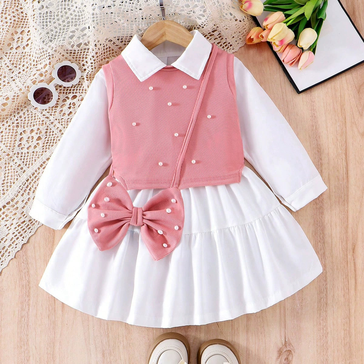 Conjunto Infantil Feminino Vestido + Colete Pérolas