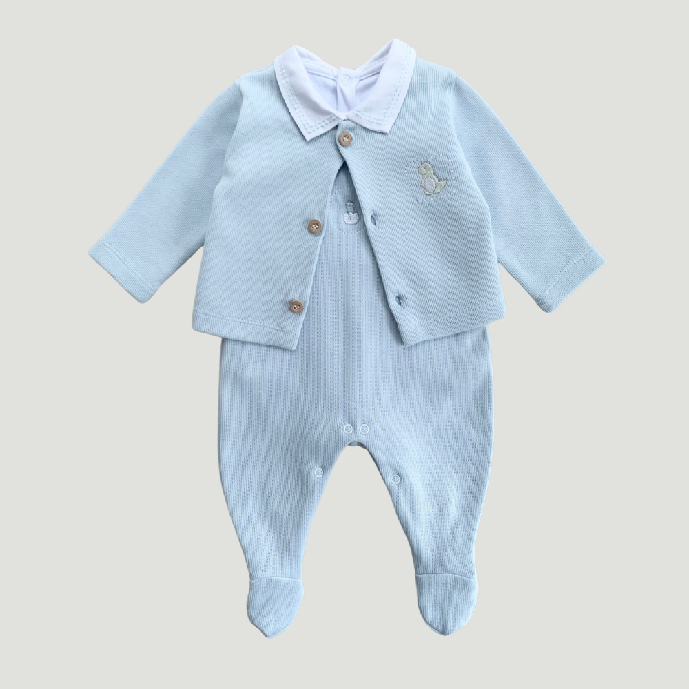 Conjunto Bebê 3 Peças Tricot Bordado Dino Azul