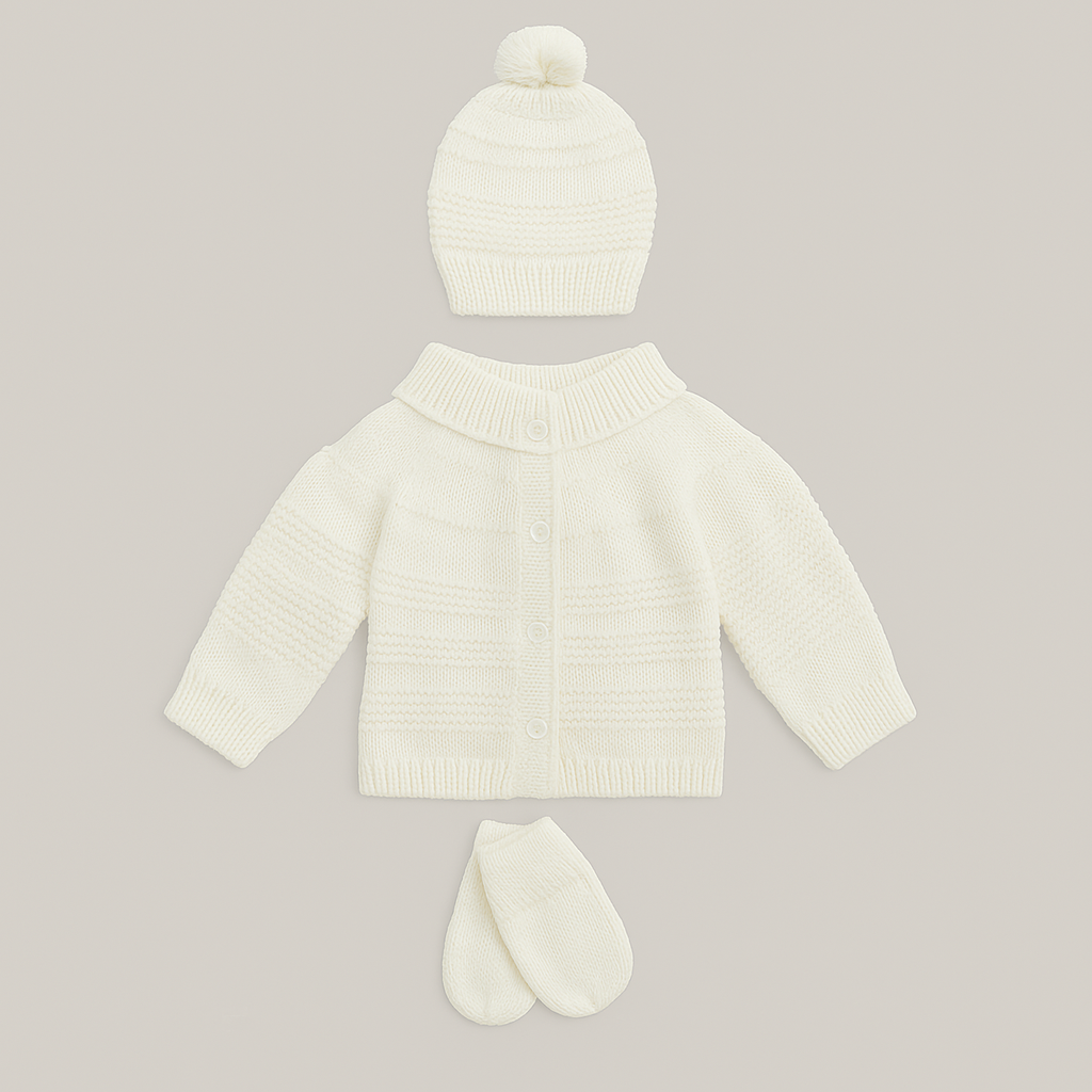 Kit 3 peças Bebê Casaco Tricot Gorro E Luva Off White