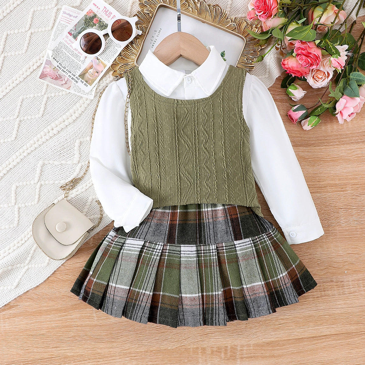 Conjunto Infantil Feminino 3 Peças Colete e Xadrez