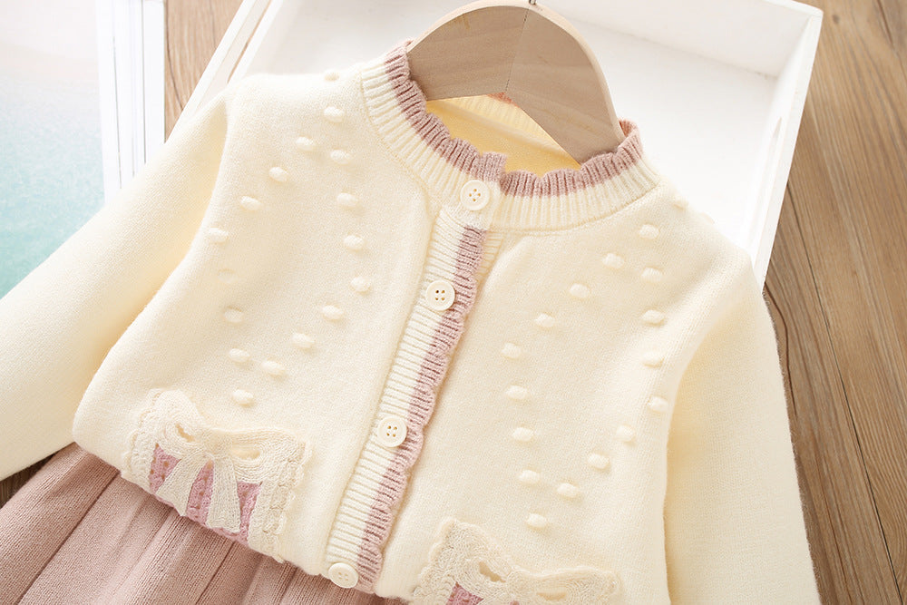 Conjunto Infantil Feminino Tricô Lacinho Plíssado