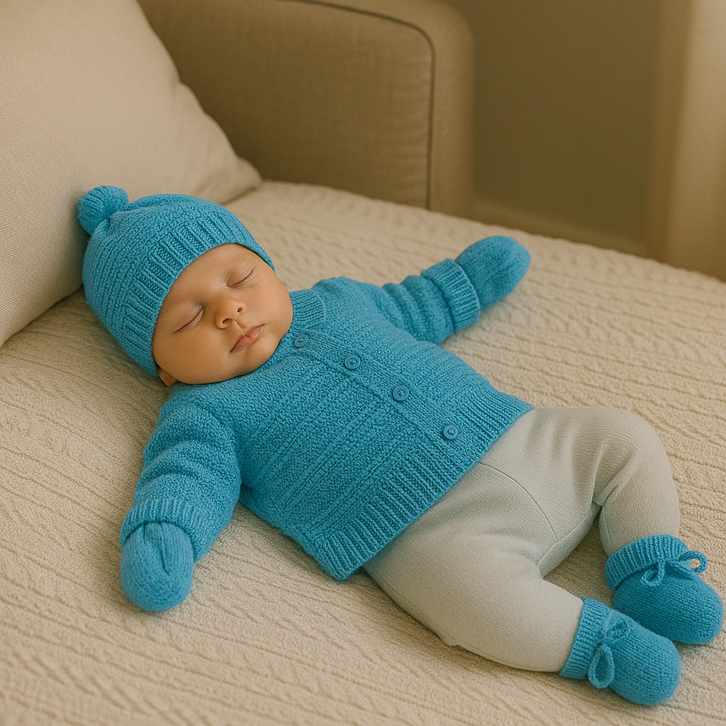 Kit 3 Peças bebê casaco tricot gorro e luva azul